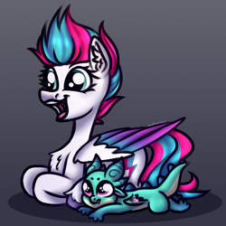 Size: 3000x3000 | Tagged: safe, artist:sadfloorlamp, sparky sparkeroni, zipp storm, dragon, pegasus, pony, g5, :t, adorazipp, baby, baby dragon, chest fluff, colored, colored wings, cute, dragon wings, ear fluff, eyebrows, female, gradient background, gradient wings, high res, horns, large wings, lying down, male, mare, multicolored wings, open mouth, ponyloaf, prone, shading, shadow, signature, smiling, sparkybetes, talking, unshorn fetlocks, wings