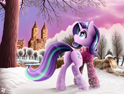 Size: 2900x2200 | Tagged: safe, artist:rainbowfire, starlight glimmer, pony, unicorn, g4, to where and back again, winter wrap up, bridge, butt, city, cityscape, clothes, cloud, coat, complex background, cute, female, fine, forest, forest background, glimmer glutes, high res, horn, jacket, jewelry, mare, new york city, park, plot, raised hoof, scarf, sky, snow, snowfall, snowflake, solo, sunset, surprised, sweater, tree, winter, winter outfit