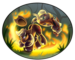 Size: 2500x2000 | Tagged: safe, artist:starcasteclipse, applejack, earth pony, flareon, pony, g4, crossover, eeveelution, female, fire, high res, mare, pokémon, solo