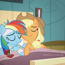 Size: 1080x1080 | Tagged: safe, artist:apple.tothecore, applejack, rainbow dash, earth pony, pegasus, pony, g4, applejack's hat, bags under eyes, bandage, bandaid, bed, bittersweet, blanket, clothes, cowboy hat, crying, cute, dashabetes, duo, duo female, eye wrinkles, eyes closed, female, hair tie, happy, hat, hospital, hospital bed, hospital gown, injured, jackabetes, jewelry, lesbian, lying down, lying on bed, mare, messy mane, older, older applejack, older rainbow dash, on bed, pillow, ponyville hospital, ring, ship:appledash, shipping, show accurate, smiling, tears of joy, teary eyes, wedding ring