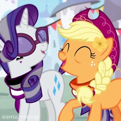 Size: 1080x1080 | Tagged: safe, artist:apple.tothecore, applejack, rarity, earth pony, pony, unicorn, g4, alternate clothes, alternate hairstyle, asexual pride flag, bags under eyes, bandana, blurry, blurry background, braid, clothes, cowboy hat, duo, duo female, eye wrinkles, eyes closed, face paint, female, flower, flower in hair, freckles, glasses, hair tie, happy, hat, lesbian pride flag, lgbt, lgbtq, mare, older, older applejack, older rarity, open mouth, open smile, pride, pride flag, raised hoof, scarf, skunk stripe, smiling, sunglasses