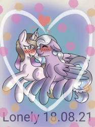 Size: 946x1255 | Tagged: safe, artist:lonelysous, oc, oc:aria bubbles, oc:starla lighten, pegasus, pony, g4, blushing, duo, female, kissing, lesbian, mare, ship:staria, shipping, staria