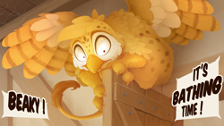 Size: 3840x2160 | Tagged: safe, artist:hentwi, oc, oc only, oc:beaky, griffon, fanfic:yellow feathers, behaving like a bird, behaving like a cat, cute, do not want, griffon oc, griffons doing bird things, griffons doing cat things, high res, scared, shrunken pupils, solo, speech bubble, wide eyes