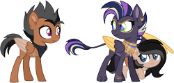 Size: 3953x1905 | Tagged: safe, artist:traveleraoi, oc, oc only, oc:finch, oc:quetzalli, oc:wren, hybrid, pegasus, pony, adopted offspring, amputee, bandana, base used, bracelet, brother and sister, colored pupils, colored wings, confused, ear piercing, earring, eyebrows, female, hiding, interspecies offspring, jewelry, leonine tail, looking at each other, looking at someone, looking back, male, offspring, offspring's offspring, parent:apple bloom, parent:oc:nova star sparkle, parent:oc:xipilli, paws, pegasus oc, peytral, piercing, protecting, scar, siblings, simple background, tail, transparent background, twins, watermark, wings, worried