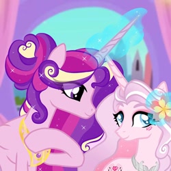 Size: 640x640 | Tagged: safe, artist:heart.of.empire, artist:love.of.empire, princess cadance, oc, oc:aphrodite, alicorn, pony, unicorn, g4, duo, duo female, ethereal mane, eye clipping through hair, eyeshadow, facial markings, female, flower, flower in hair, horn, magic, makeup, mare, mother and child, mother and daughter, offspring, older, older princess cadance, parent:princess cadance, parent:shining armor, parents:shiningcadance, peytral, selfie, telekinesis, unicorn oc