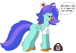 Size: 3124x2201 | Tagged: safe, artist:supahdonarudo, oc, oc only, oc:sea lilly, classical hippogriff, hippogriff, bag, dialogue, female, hat, high res, nurse hat, nurse outfit, simple background, speech bubble, text, transparent background