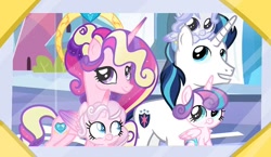 Size: 640x370 | Tagged: safe, artist:heart.of.empire, princess cadance, princess flurry heart, shining armor, oc, oc:aphrodite, oc:eros, alicorn, pegasus, pony, unicorn, g4, baby, baby pony, brother and sister, colored wings, concave belly, crown, family photo, father and child, father and daughter, father and son, female, gradient wings, horn, jewelry, male, mother and child, mother and daughter, mother and son, offspring, parent:princess cadance, parent:shining armor, parents:shiningcadance, pegasus oc, photo, physique difference, regalia, show accurate, siblings, sisters, slender, thin, unicorn oc, wings