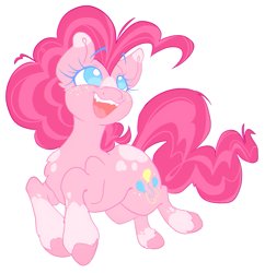 Size: 961x992 | Tagged: safe, artist:zer0wlet, pinkie pie, earth pony, pony, g4, blue eyes, butt freckles, curly mane, curly tail, ears up, eyebrows, eyebrows visible through hair, eyelashes, female, freckles, happy, jumping, looking up, mare, multicolored freckles, open mouth, pink coat, pink mane, raised eyebrows, signature, simple background, smiling, solo, spots, tail, teeth, transparent background, unshorn fetlocks