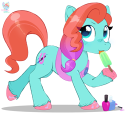 Size: 1445x1328 | Tagged: safe, artist:rainbow eevee, jazz hooves, earth pony, pony, g5, cute, female, food, hoof hold, hoof polish, hooficure, jazzibetes, mare, nail polish, popsicle, simple background, solo, teal eyes, transparent background, vector