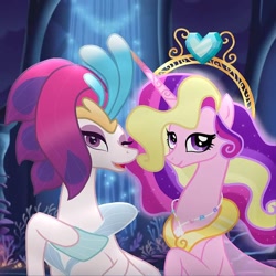 Size: 640x640 | Tagged: safe, artist:heart.of.empire, princess cadance, queen novo, alicorn, seapony (g4), g4, my little pony: the movie, beautiful, bubble, collar, coral, crown, cute, digital art, duo, duo female, ethereal mane, eyeshadow, female, fin wings, fins, flowing mane, gem, hoof shoes, horn, jewelry, long horn, looking at you, makeup, mare, necklace, ocean, older, older princess cadance, one eye closed, open mouth, open smile, peytral, purple eyes, regalia, royalty, scales, seaponified, seapony cadance, seaquestria, seashell, seashell necklace, seaweed, smiling, species swap, starry mane, swimming, throne, throne room, underwater, water, wings, wink, winking at you