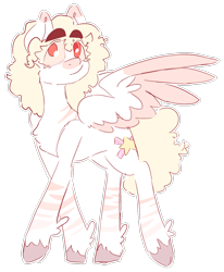 Size: 878x1063 | Tagged: safe, artist:zer0wlet, oc, oc only, oc:pom pom featherette, pegasus, pony, albino, colored wings, concave belly, curly mane, curly tail, female, looking up, mare, simple background, slender, smiling, solo, spread wings, standing, stripes, tail, thin, transparent background, two toned wings, unshorn fetlocks, walking, wings