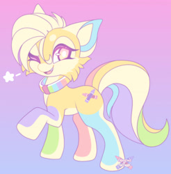 Size: 2932x2984 | Tagged: safe, artist:crayonsnlewds, oc, oc only, oc:crayons, earth pony, hybrid, pony, collar, female, gradient background, high res, multicolored tail, one eye closed, pastel, rainbow, raised leg, solo, tail, wink