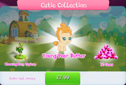 Size: 1270x856 | Tagged: safe, gameloft, pear butter, earth pony, pony, g4, my little pony: magic princess, official, bundle, bush, costs real money, cutie collection, english, female, filly, foal, gem, implied bright mac, mobile game, not pumpkin cake, numbers, sale, solo, text, younger