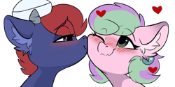 Size: 2000x1000 | Tagged: safe, artist:rileyisherehide, oc, oc only, oc:leeward voyage, oc:yedna letelier, earth pony, pony, blushing, cheek kiss, cute, duo, female, hat, heart, kissing, male, mare, sailor hat, simple background, squishy cheeks, stallion, transparent background