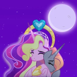 Size: 640x640 | Tagged: safe, artist:heart.of.empire, princess cadance, oc, oc:princess spark, alicorn, pony, g4, alicorn oc, crown, duo, duo female, ethereal mane, eyeshadow, female, gradient horn, hoof shoes, horn, hug, jewelry, makeup, mare, moon, night, not shipping, older, older princess cadance, regalia, show accurate, stars, wings