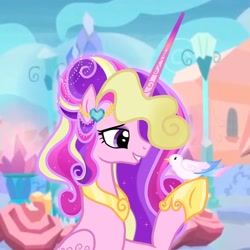 Size: 640x640 | Tagged: safe, artist:heart.of.empire, princess cadance, alicorn, bird, pony, g4, alternate design, cutie mark accessory, eyeshadow, female, gradient horn, hoof shoes, horn, makeup, mare, older, older princess cadance, peytral, show accurate, solo, ultimate cadance
