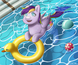Size: 1685x1403 | Tagged: safe, artist:erein, oc, oc only, oc:timbit, pegasus, pony, commission, ears up, female, floating, floaty, happy, inflatable duck, legs in the water, looking at you, open mouth, open smile, partially submerged, pegasus oc, pool toy, smiling, solo, swimming, swimming pool, tail, water, wet, ych result