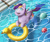 Size: 1685x1403 | Tagged: safe, alternate character, alternate version, artist:erein, oc, oc only, oc:timbit, pegasus, pony, commission, ears up, female, floating, floaty, happy, inflatable bird, inflatable duck, inner tube, legs in the water, looking at you, opaque inflatable, open mouth, open smile, partially submerged, pegasus oc, pool toy, smiling, solo, swimming, swimming pool, tail, water, wet, ych result