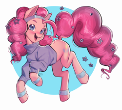 Size: 2028x1815 | Tagged: safe, artist:erinartista, pinkie pie, earth pony, pony, g4, abstract background, circle background, clothes, curly mane, curly tail, cute, diapinkes, happy, headband, looking at you, nimbus, open mouth, open smile, shirt, signature, smiling, solo, tail