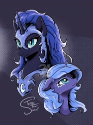 Size: 2048x2732 | Tagged: safe, artist:turtletroutstudios, nightmare moon, princess luna, alicorn, pony, g4, bust, duality, duo, helmet, high res, peytral, s1 luna, signature