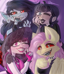 Size: 768x891 | Tagged: safe, artist:yarart123, fluttershy, bat pony, human, undead, vampire, anthro, unguligrade anthro, g4, adventure time, alternate hairstyle, bat ponified, black sclera, blood, breasts, choker, clothes, crossover, draculaura, dress, ear piercing, earring, eyeshadow, fangs, female, fingerless gloves, flannel, flutterbat, gloves, grin, hat, hotel transylvania, jewelry, lipstick, makeup, marceline, mavis dracula, monster high, nail polish, one eye closed, open mouth, piercing, race swap, red sclera, shirt, smiling, spiked choker, sun hat, t-shirt, tank top, tongue out, unshorn fetlocks, wall of tags, wink