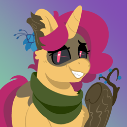 Size: 1000x1000 | Tagged: safe, artist:myahster, oc, oc only, oc:mystery brew, original species, pony, timber pony, timber wolf, unicorn, corrupted, fangs, gradient background, grin, heart, heart eyes, mind break, poison joke, smiling, solo, timber corruption, wingding eyes