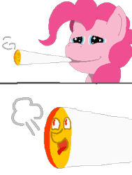 Size: 1032x1364 | Tagged: safe, artist:minus, derpibooru exclusive, pinkie pie, oc, oc:pipadeaxkor, demon, demon pony, pony, g4, 2 panel comic, 2022, ahegao, bust, comic, drugs, high, joint, marijuana, not salmon, open mouth, pixel art, portrait, simple background, smoking, stoned, tongue out, transparent background, wat