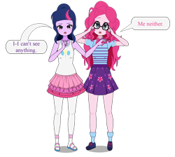 Size: 1646x1472 | Tagged: safe, artist:juanjocrespo, artist:mayandkirby, artist:neoduelgx, pinkie pie, twilight sparkle, human, equestria girls, g4, clothes, clothes swap, duo, duo female, female, humanized, kisekae, rah rah skirt, sci-twi skirt, simple background, skirt, transparent background