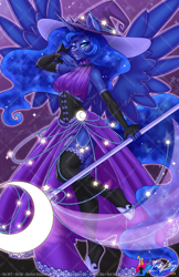 Size: 792x1224 | Tagged: safe, artist:inkkeystudios, derpibooru exclusive, princess luna, alicorn, anthro, unguligrade anthro, g4, breasts, busty princess luna, clothes, detached sleeves, dress, hat, looking at you, magic staff, obtrusive watermark, one eye closed, side slit, smiling, smiling at you, solo, sparkles, spread wings, stockings, thigh highs, total sideslit, watermark, wings, wink, winking at you, witch, witch hat