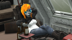 Size: 2560x1440 | Tagged: safe, artist:frostydream, oc, oc:steel_heart, bat pony, anthro, 3d, alcohol, bat pony oc, beer, beer bottle, bottle, breasts, looking at you, smiling, smiling at you, source filmmaker, window