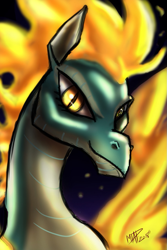 Size: 853x1280 | Tagged: safe, artist:mtapartstuff, tianhuo (tfh), dragon, hybrid, longma, them's fightin' herds, 2018, bust, community related, fiery wings, looking at you, mane of fire, signature, solo, wings
