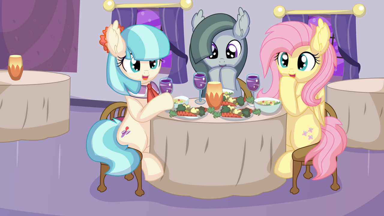 [broccoli,canterlot,carrot,chair,drink,drinking,earth pony,eating,female,fluttershy,food,glass,mare,open mouth,pegasus,plate,pony,restaurant,safe,sitting,soup,table,trio,vector,window,marble pie,.svg available,coco pommel,the council of shy ponies,trio female,artist:cyanlightning,absurd resolution]