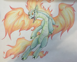 Size: 1110x904 | Tagged: safe, artist:chimaerok, tianhuo (tfh), dragon, hybrid, longma, them's fightin' herds, cloven hooves, colored pencil drawing, community related, fiery wings, flying, forked tongue, mane of fire, sharp teeth, simple background, solo, tail, tail of fire, teeth, traditional art, white background, wings