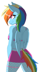 Size: 1547x2736 | Tagged: safe, alternate version, artist:melodytheartpony, rainbow dash, pegasus, anthro, g4, ass, back, bra, breasts, busty rainbow dash, butt, clothes, collar, cute, doodle, eyelashes, feathered wings, female, fishnet stockings, folded wings, hips, looking away, multicolored mane, rainbow, rear view, short shirt, sideboob, signature, simple background, smiling, solo, sparkles, spiked collar, underwear, white background, wings