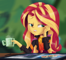 Size: 3500x3200 | Tagged: safe, artist:lazuli_drawner, sunset shimmer, human, kirin, equestria girls 10th anniversary, equestria girls, equestria girls specials, g4, my little pony equestria girls: better together, my little pony equestria girls: sunset's backstage pass, clothes, female, glyph, high res, jacket, kirin-ified, light glyph, mug, music festival outfit, self paradox, self ponidox, solo, species swap, the owl house