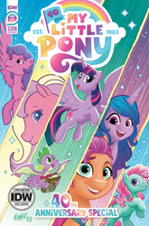 Size: 1000x1518 | Tagged: safe, artist:tony fleecs, idw, official comic, firefly, izzy moonbow, minty, spike, sundance (g2), sunny starscout, twilight sparkle, alicorn, dragon, earth pony, pegasus, pony, unicorn, g1, g2, g3, g4, g5, my little pony 40th anniversary special, official, 40th anniversary, comic cover, cover, cover art, female, generational ponidox, male, mare, san diego comic con, sdcc 2023, twilight sparkle (alicorn), winged spike, wings