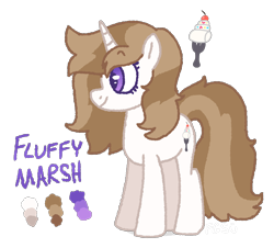 Size: 1846x1669 | Tagged: safe, artist:mercury may, oc, oc only, oc:fluffymarsh, pony, unicorn, brown mane, colors, cutie mark, female, food, horn, mare, marshmallow, name, name tag, purple eyes, reference sheet, silly, simple background, small pony, solo, standing, transparent background, white body