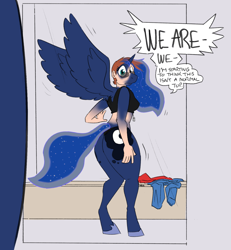 Size: 1558x1686 | Tagged: safe, artist:vanillayote, princess luna, oc, alicorn, human, anthro, unguligrade anthro, g4, changing room, clothes, dialogue, fetish, glasses, human oc, human to pony, male to female, mid-transformation, mirror, price tag, speech bubble, spread wings, standing, traditional royal canterlot voice, transformation, transgender transformation, wide eyes, wings