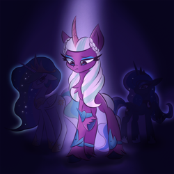 Size: 2048x2048 | Tagged: safe, artist:thebigstuff89, opaline arcana, princess celestia, princess luna, alicorn, pony, g5, chest fluff, crown, eyebrows, female, folded wings, high res, hoof shoes, horn, jewelry, mare, peytral, princess shoes, raised hoof, regalia, royal sisters, siblings, sisters, trio, trio female, unshorn fetlocks, wings