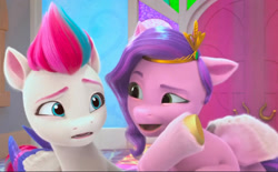 Size: 2166x1345 | Tagged: safe, screencap, pipp petals, zipp storm, pegasus, pony, g5, my little pony: make your mark, my little pony: make your mark chapter 4, the jinxie games, spoiler:g5, cropped, female, indoors, mare, whispering