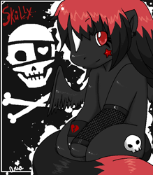 Size: 700x800 | Tagged: safe, artist:pollo-chan, oc, oc only, oc:skully, pegasus, pony, g3, 2007, ear piercing, earring, female, fishnet clothing, jewelry, looking at you, mare, oekaki, piercing, red and black oc, solo, spread wings, star mark, stars, tail, wings, wristband