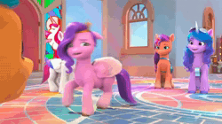 Size: 1920x1074 | Tagged: safe, screencap, hitch trailblazer, izzy moonbow, pipp petals, sunny starscout, zipp storm, earth pony, pegasus, pony, unicorn, g5, my little pony: make your mark, my little pony: make your mark chapter 4, the jinxie games, spoiler:g5, spoiler:my little pony: make your mark, spoiler:my little pony: make your mark chapter 4, spoiler:mymc04e03, animated, crystal brighthouse, dilated pupils, female, hooves on cheeks, indoors, male, mane five, mane stripe sunny, mare, scared, sound, stallion, suspicious, trotting, trotting in place, webm, worried