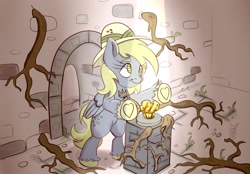 Size: 2000x1393 | Tagged: safe, artist:nedemai, derpy hooves, pegasus, pony, g4, atg 2023, bipedal, hat, hoof heart, indiana jones, muffin, newbie artist training grounds, pith helmet, roots, solo, that pony sure does love muffins, underhoof