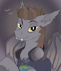 Size: 1000x1167 | Tagged: safe, artist:skitzybean, oc, oc only, oc:devin, bat pony, pony, airpods, airpods max, apple, band shirt, bat wings, bust, chest fluff, clothes, cute, cute little fangs, fangs, fragile, gray background, headphones, looking at you, male, shirt, simple background, smiling, solo, stallion, tufts, unshorn fetlocks, wings, yellow eyes, yes (band)