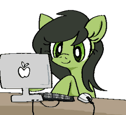 Size: 352x321 | Tagged: safe, artist:muffinz, oc, oc only, oc:filly anon, earth pony, pony, advertisement in description, agony, animated, computer, fear, female, filly, foal, simple background, solo, white background, why