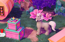 Size: 2732x1782 | Tagged: safe, gameloft, alphabittle blossomforth, pony, unicorn, g5, my little pony: mane merge, official, alphabittle blossomforth is not amused, bored, bridlewood, cropped, crystal, cup, flower, food, food cart, freckles, french fries, full body, game, game screencap, lidded eyes, looking at you, male, solo, stallion, teacup, teapot, unamused