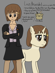 Size: 3000x4000 | Tagged: safe, artist:dafid25, oc, human, pony, unicorn, clothes, cutie mark, female, human ponidox, lain iwakura, mare, office lady, paintbrush, pen, ponified, reference sheet, self paradox, self ponidox, skirt