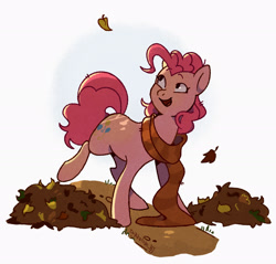 Size: 2048x1960 | Tagged: safe, artist:drjeksteinhj, pinkie pie, earth pony, pony, g4, clothes, female, leaf pile, leaves, mare, scarf, simple background, solo, striped scarf, white background