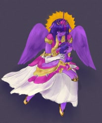 Size: 1691x2048 | Tagged: source needed, safe, artist:ombnom, twilight sparkle, alicorn, pony, anthro, g4, big crown thingy, clothes, coronation dress, crying, dress, element of magic, female, holding a pony, jewelry, mare, regalia, solo, tiara, twilight sparkle (alicorn), wings