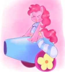 Size: 1559x1735 | Tagged: source needed, safe, artist:ombnom, pinkie pie, earth pony, pony, anthro, g4, clothes, eyes closed, female, panties, party cannon, smiling, socks, solo, underwear